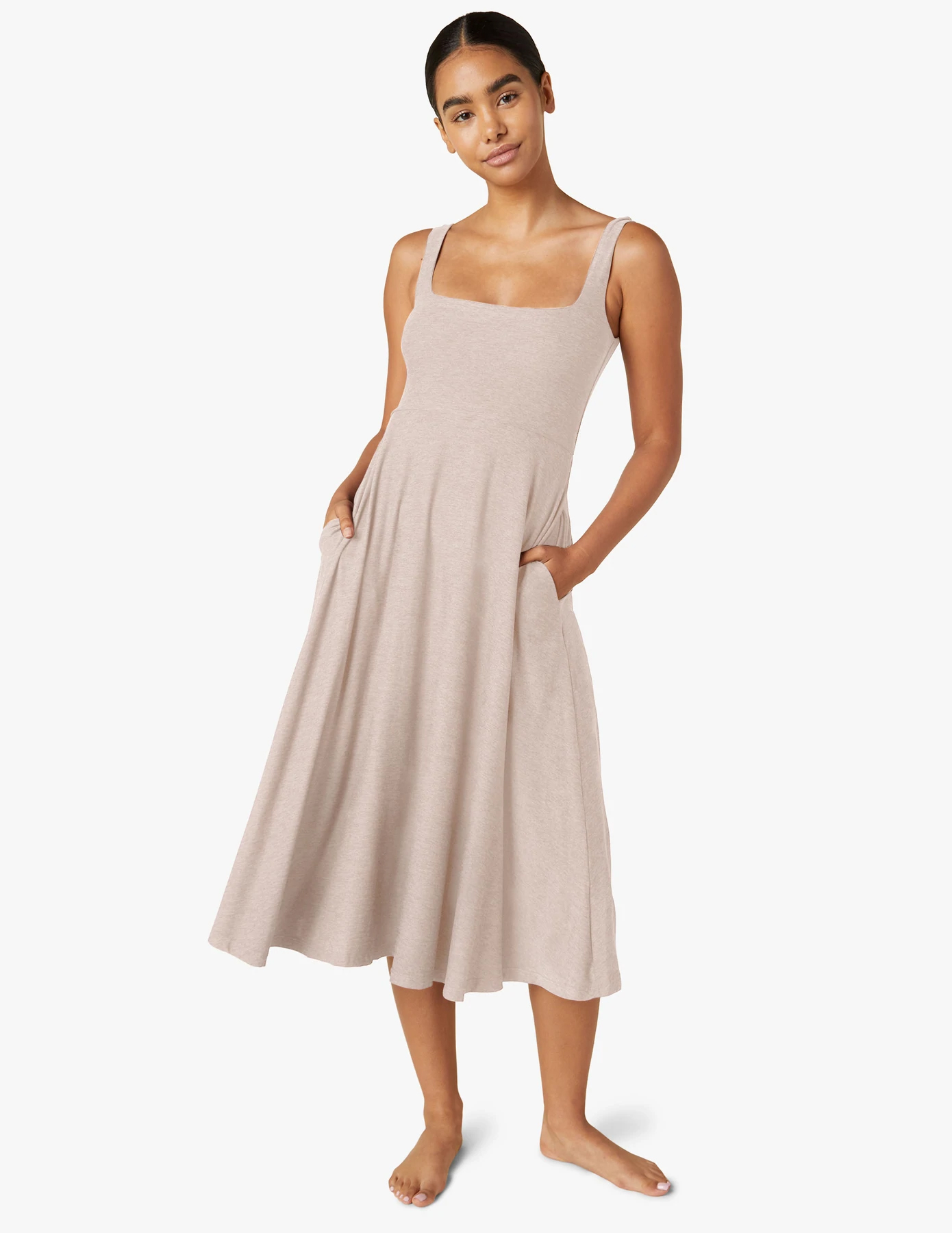 Beyond Yoga Featherweight At The Ready Square Neck Dress in Chai