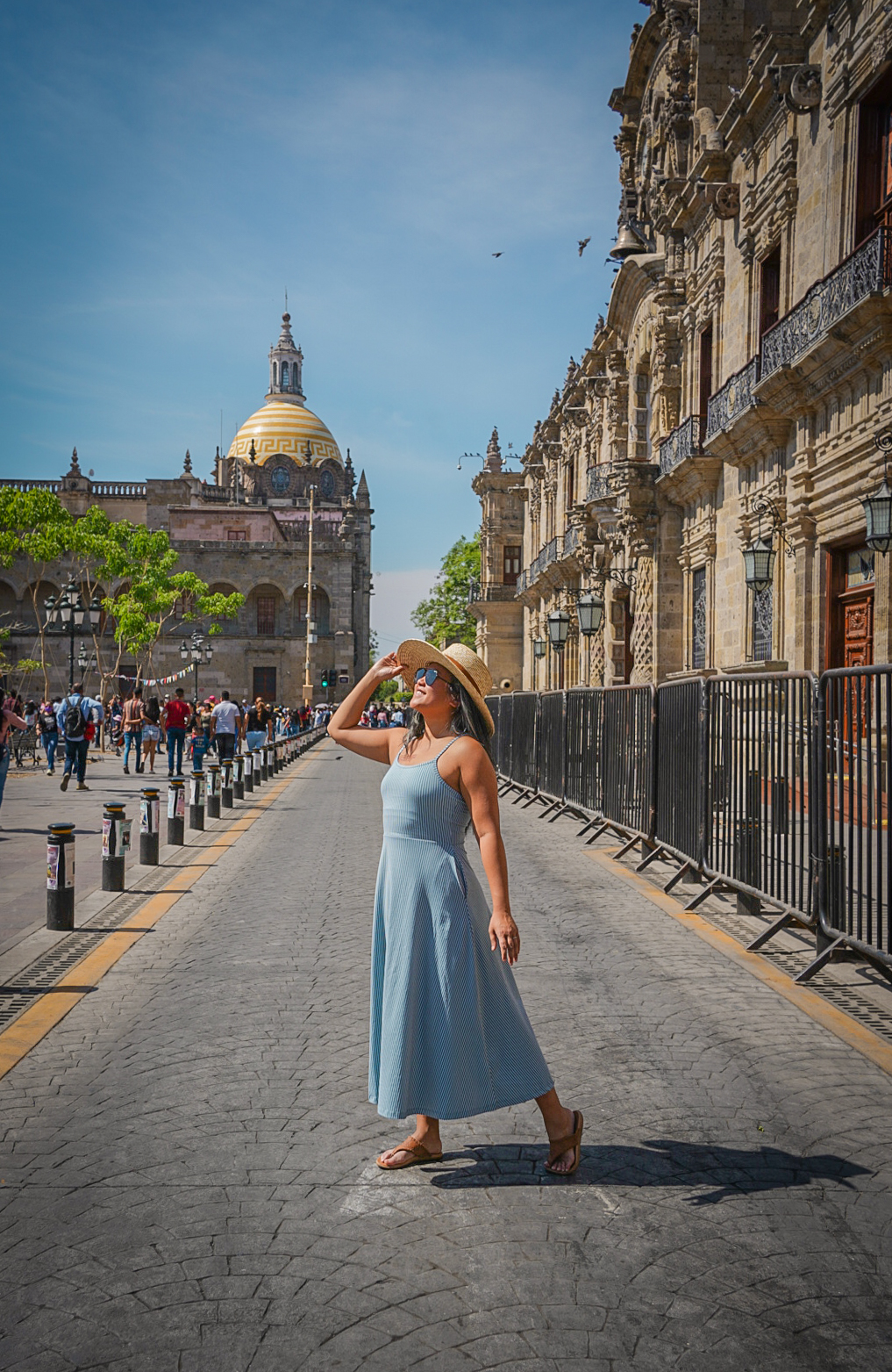 Guadalajara Mexico PACT Fit and Flare Dress Gigi Pip Medium Straw Boater Hat Sak Sandals