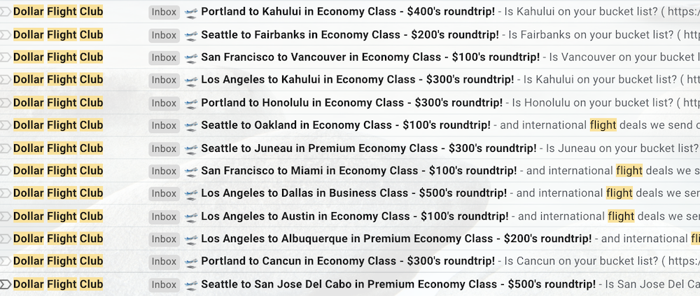 dollar flight club example subject lines from newsletters