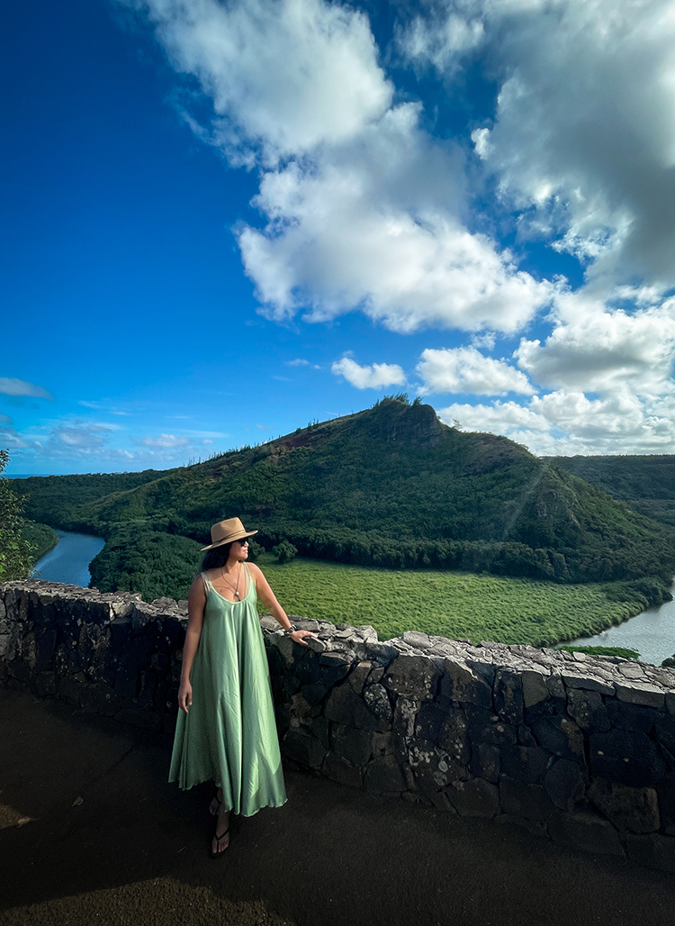 Silk and Salt Review Go with the Flow Dress Green Kauai Hawaii standing