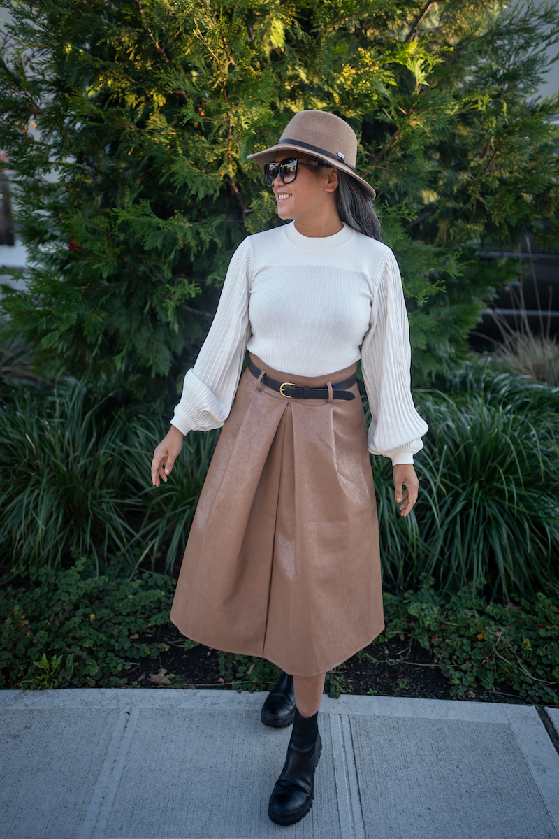 Winter Outfit Idea wallaroo hat chicwish faux leather skirt and proenza schouler sweater