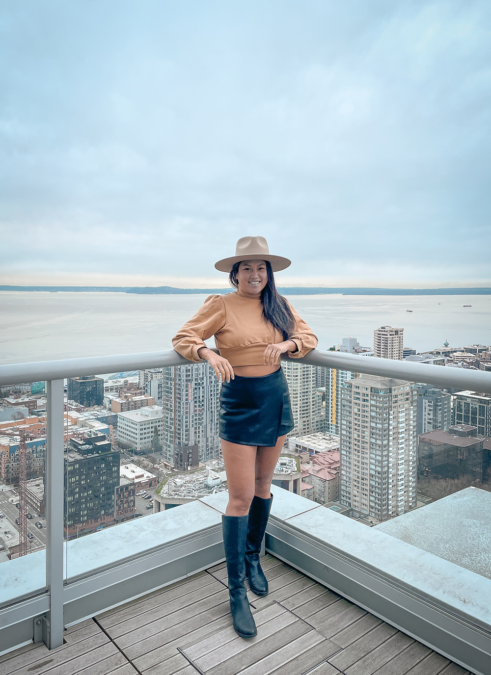 Fall Outfit Lattelier Crop Top Faux Leather Skort Boots and San Diego Hat Company Julian Hat