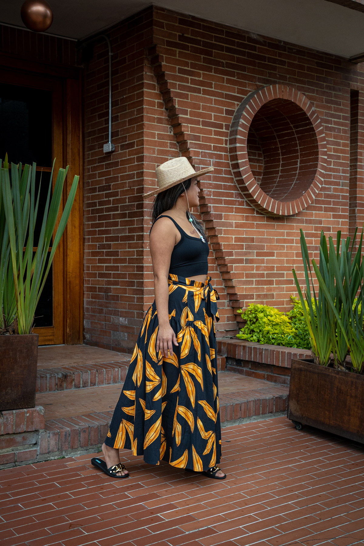 Bogota Colombia Farm Rio Ripe Banana Paperbag Midi Skirt Lack of Color Palma Western Hat Oka-b Chain Sandals