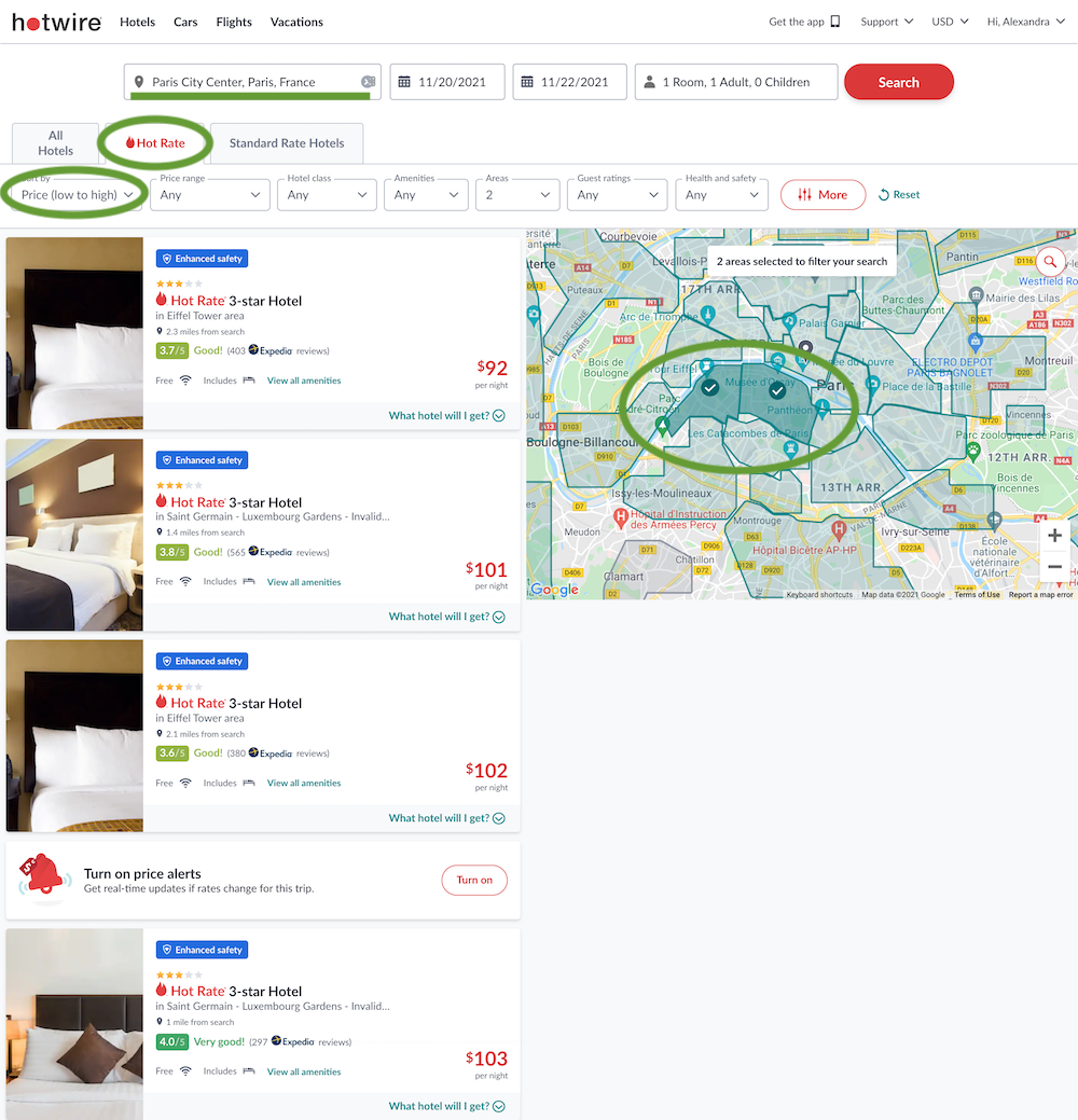 Hotwire Search Results Page Example for Paris City Center