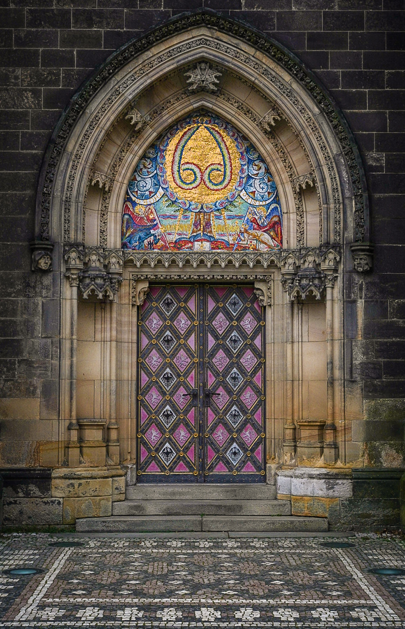 Ornate door on Medieval Church Vseyhrad Fortress Prague