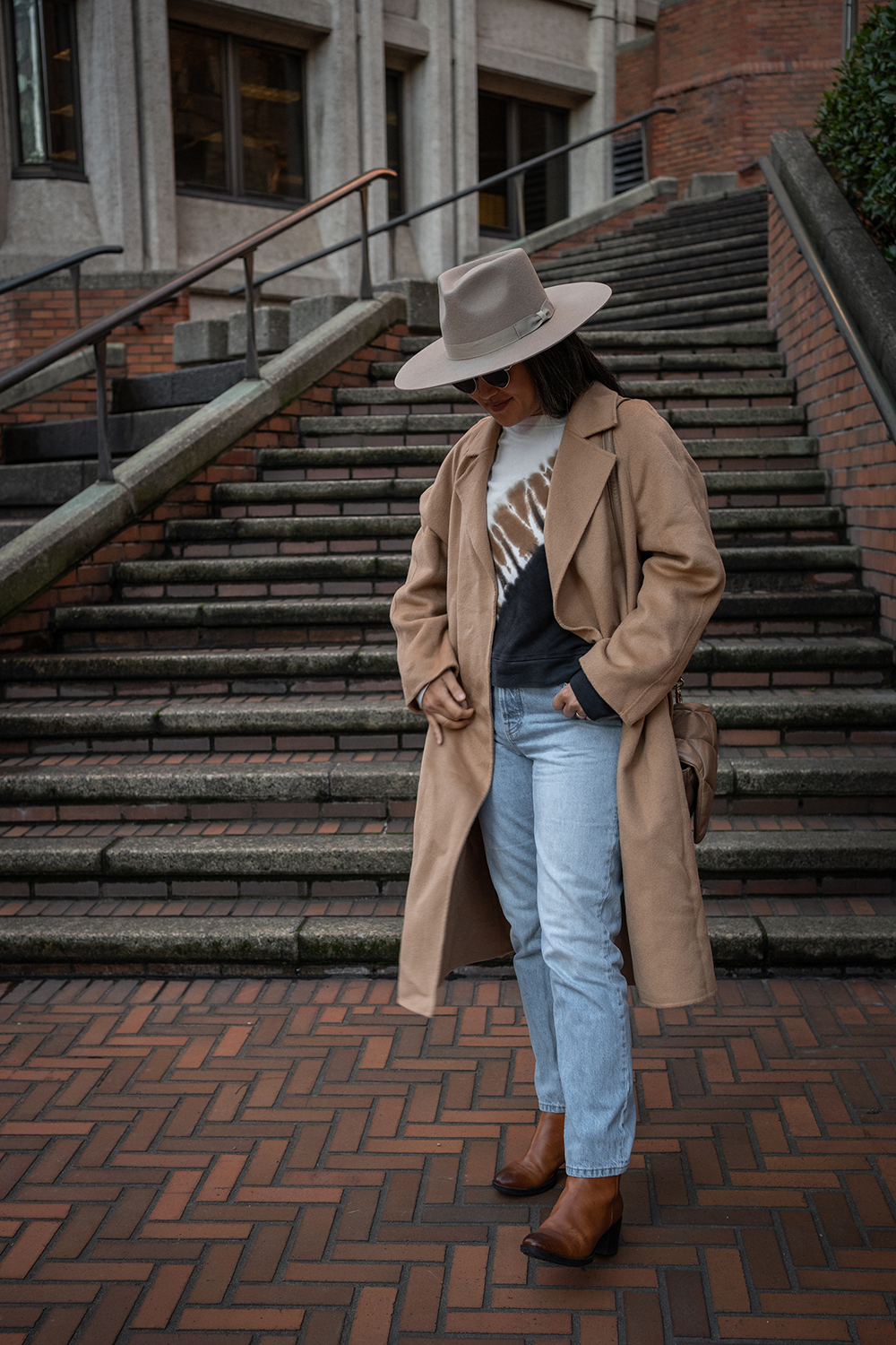 Nap Loungewear Tie Waist Wool Coat Everland Cheeky Jeans San Diego hat Company julian fedora Electric and Rose Ronan sweater Clarks leather booties