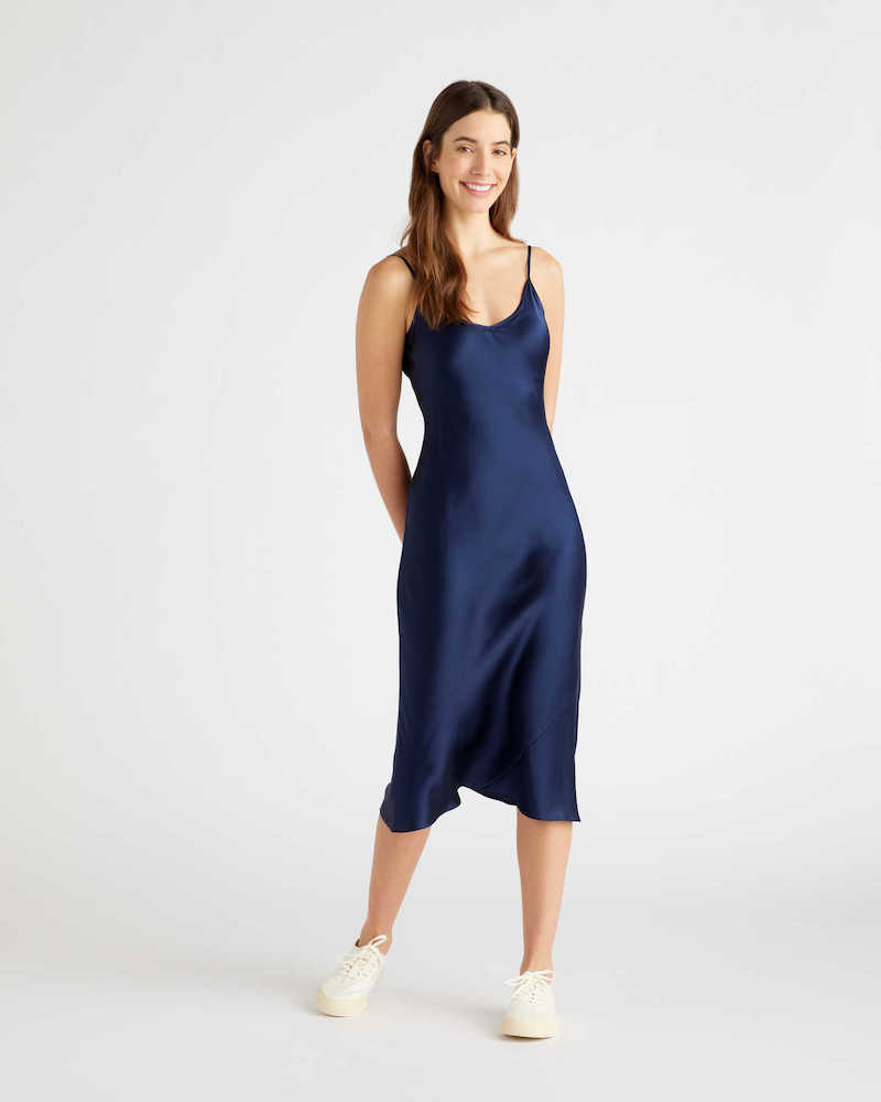 Quince 100% Washable Silk Slip Dress Navy Blue
