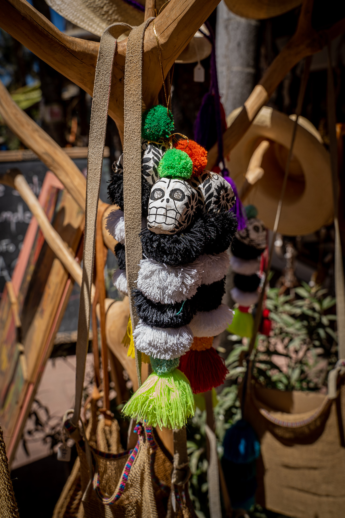 Skull pom pom purse charm from Sayulita Mexico