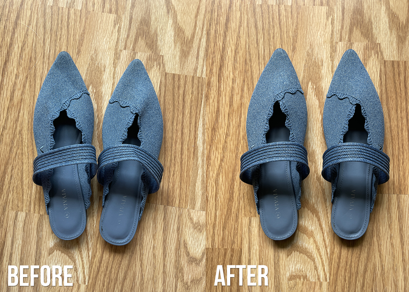 Before and After washing VIVAIA Venus pointed toe mules denim blue