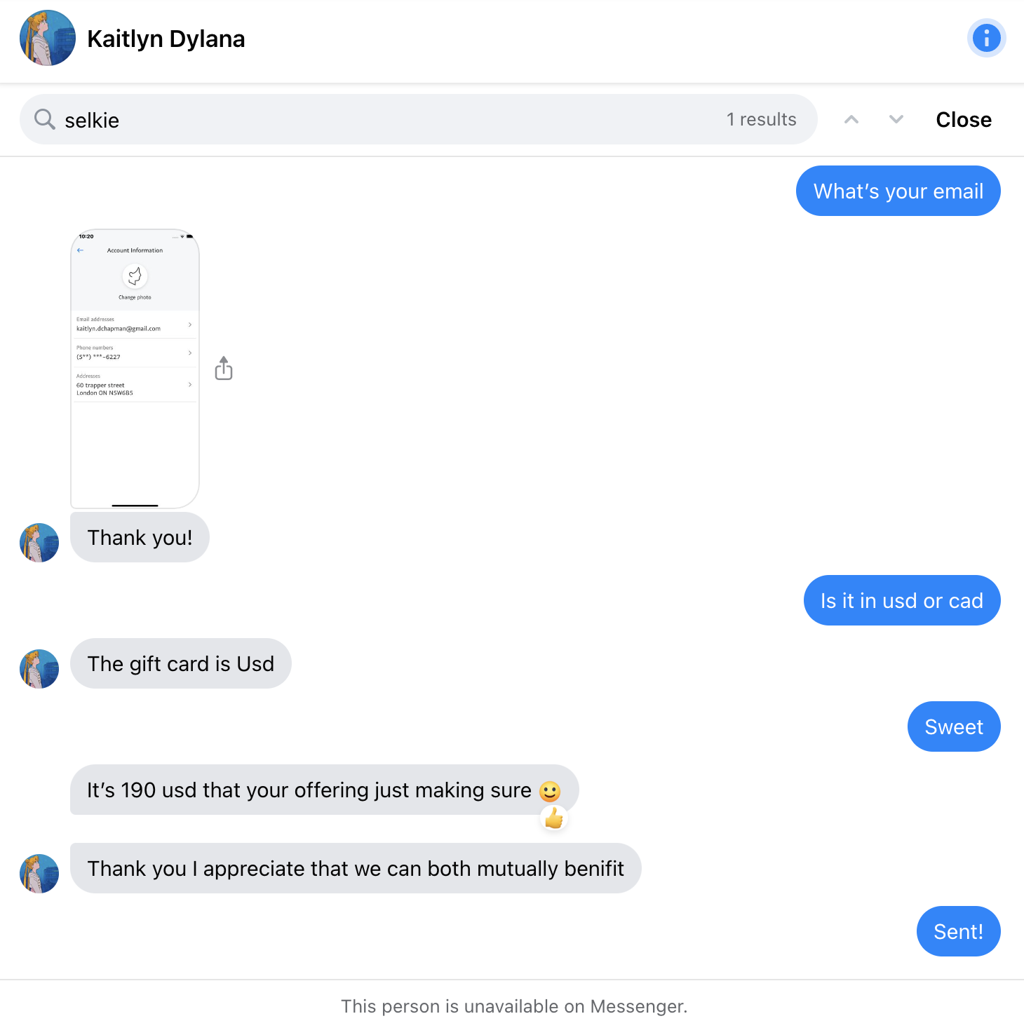 Kaitlyn Dylana Chapman facebook conversation scamming me with Selkie Gift Card 2