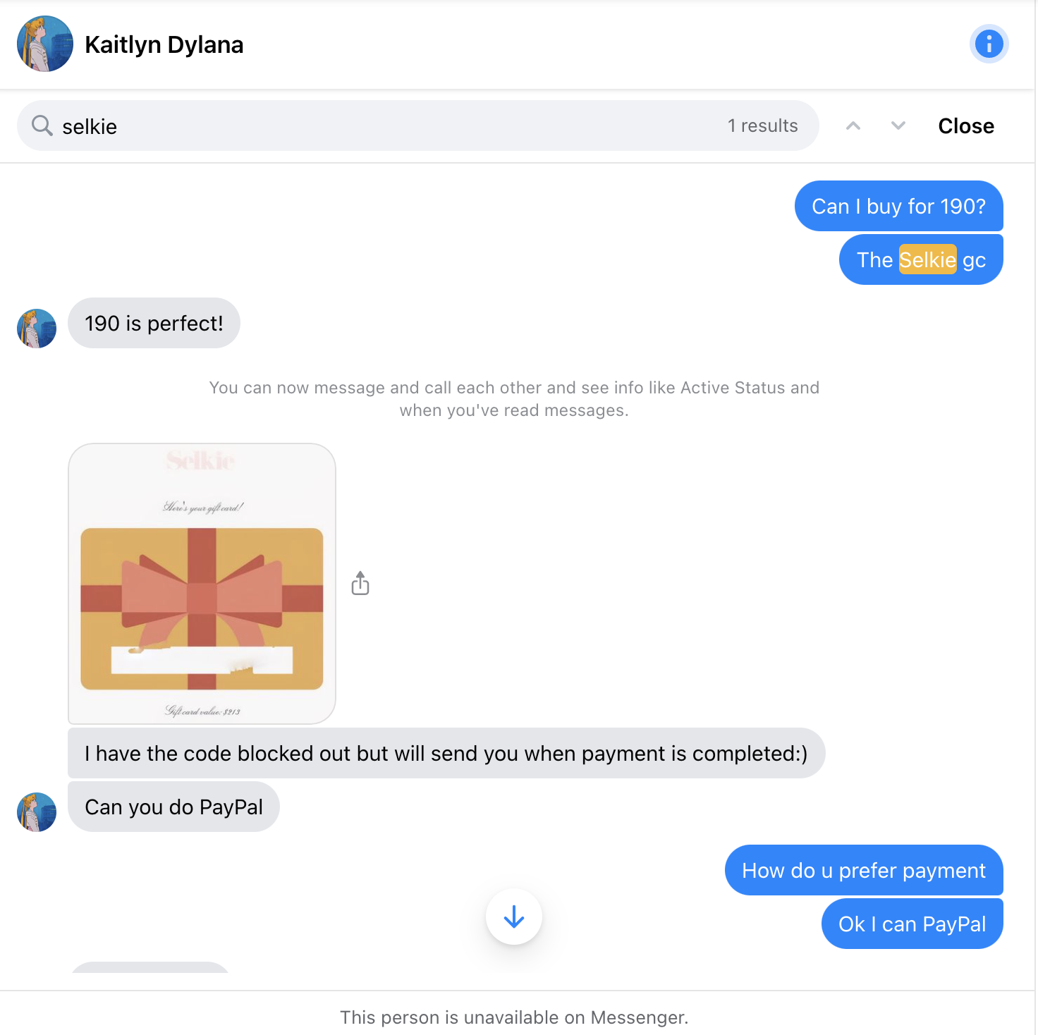 Kaitlyn Dylana Chapman facebook conversation scamming me with Selkie Gift Card 3