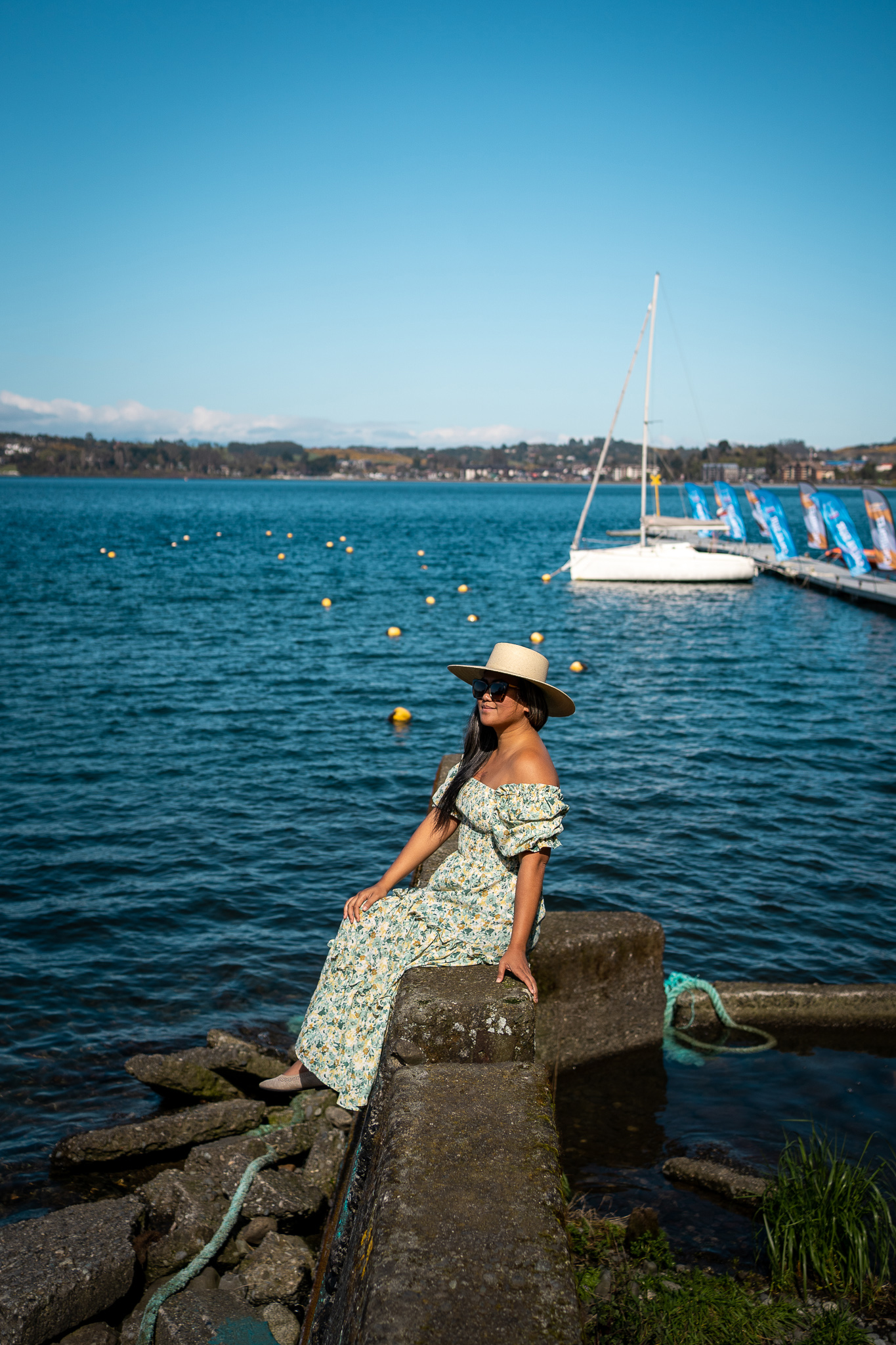 Lago Llanquihue Chile Lait Collection Anabel Dress ASN Hat travel pose