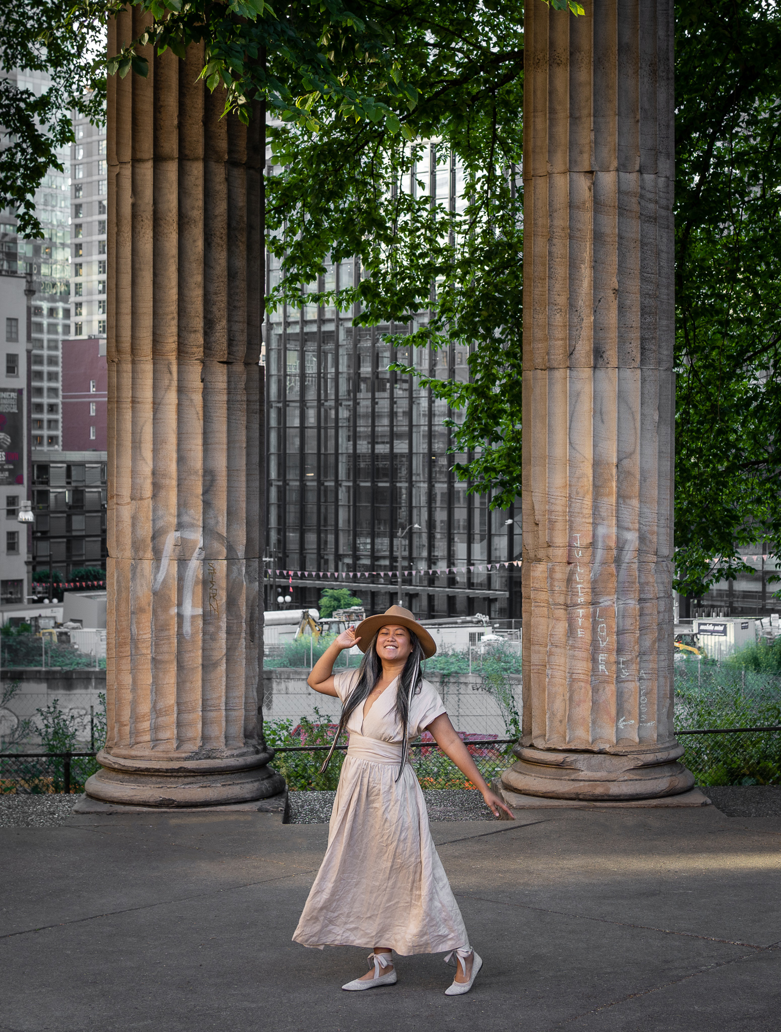 VIVAIA Linen Dress and Beatrice wrap shoes Peili Helena hat