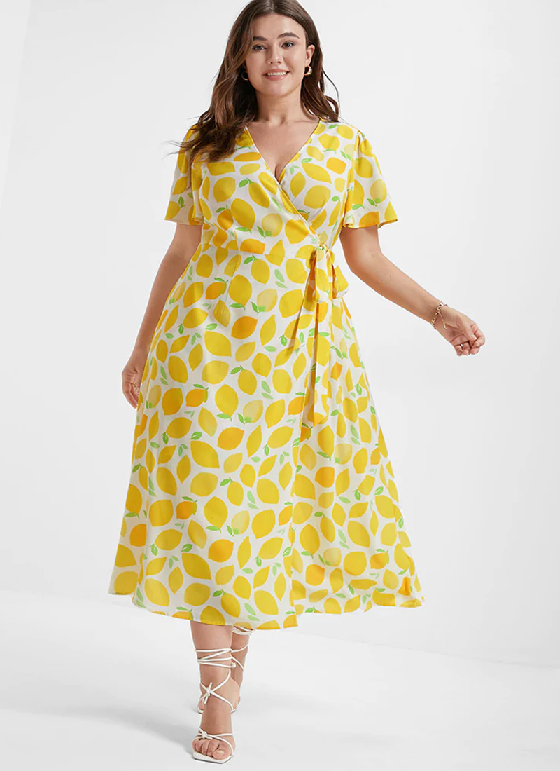 Bloomchic Lemon Print Wrap Side Knot Dress plus size