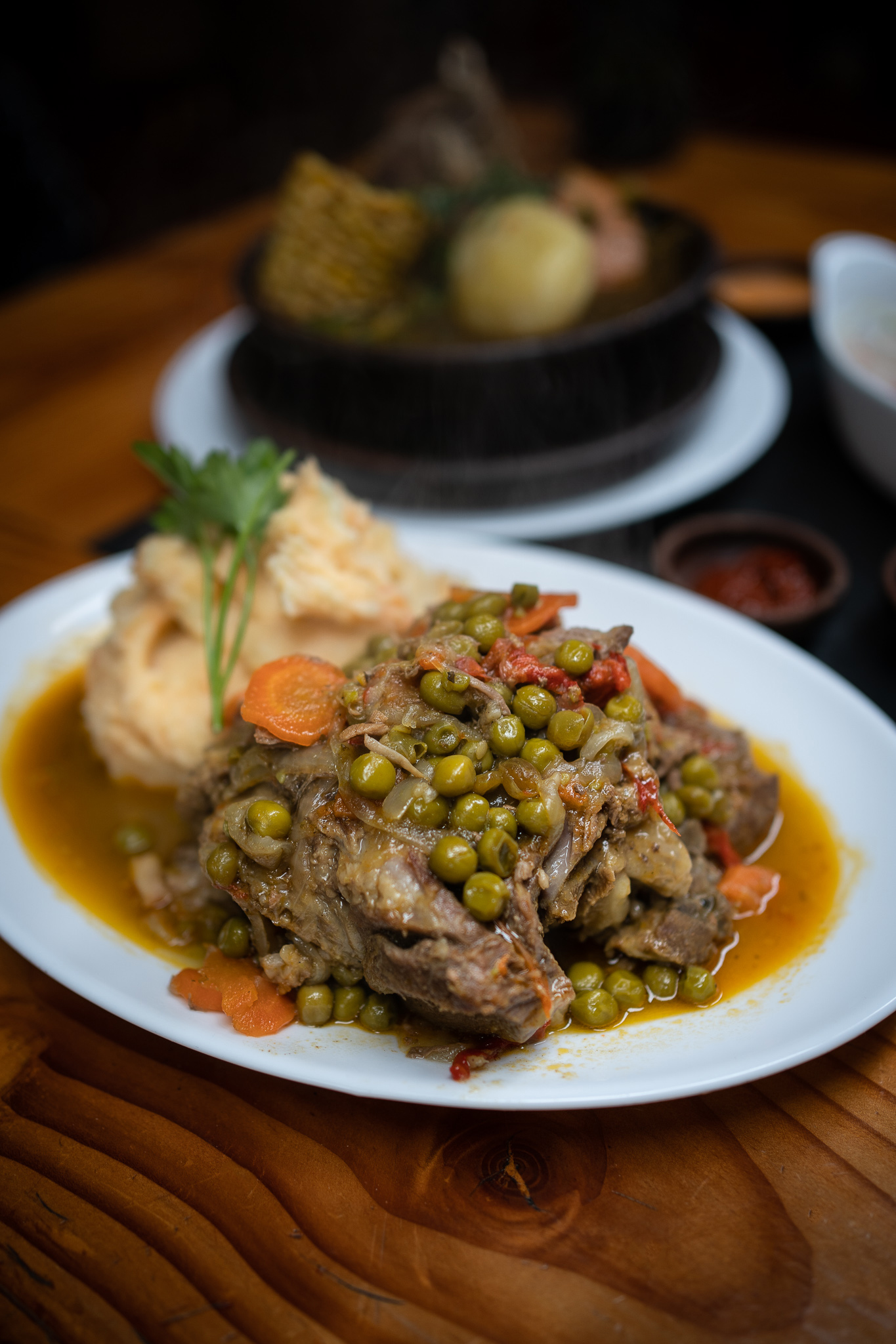 Chilean Food Cordero Arvejado Lamb with Green Peas Sauce and Mashed Potatoes