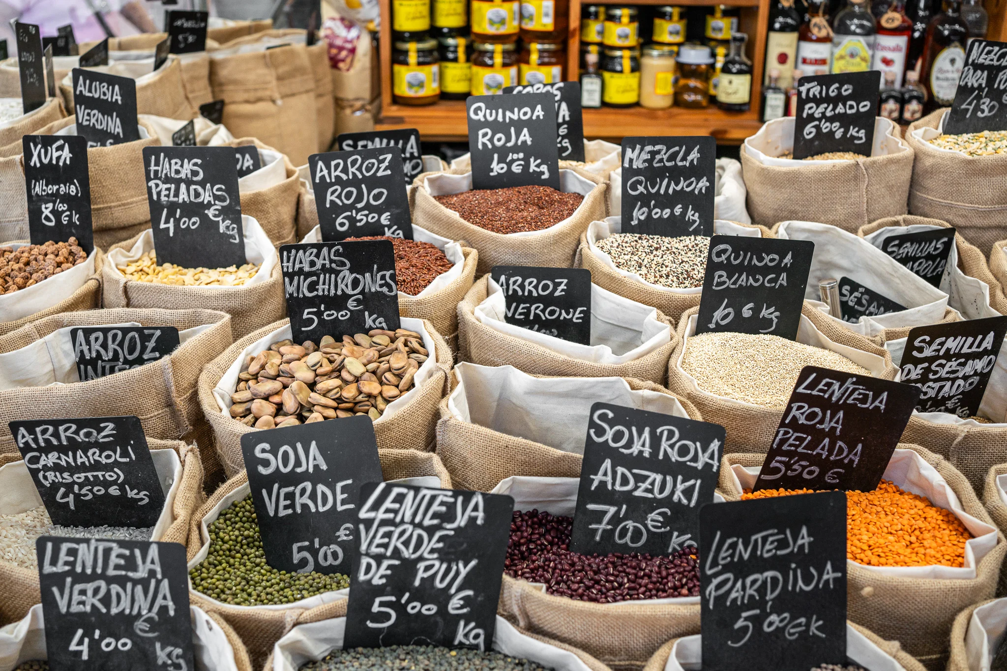 Beans frijoles at a vendor stand in Mercado Central Valencia Spain