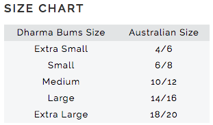 Dharma Bums Size Chart