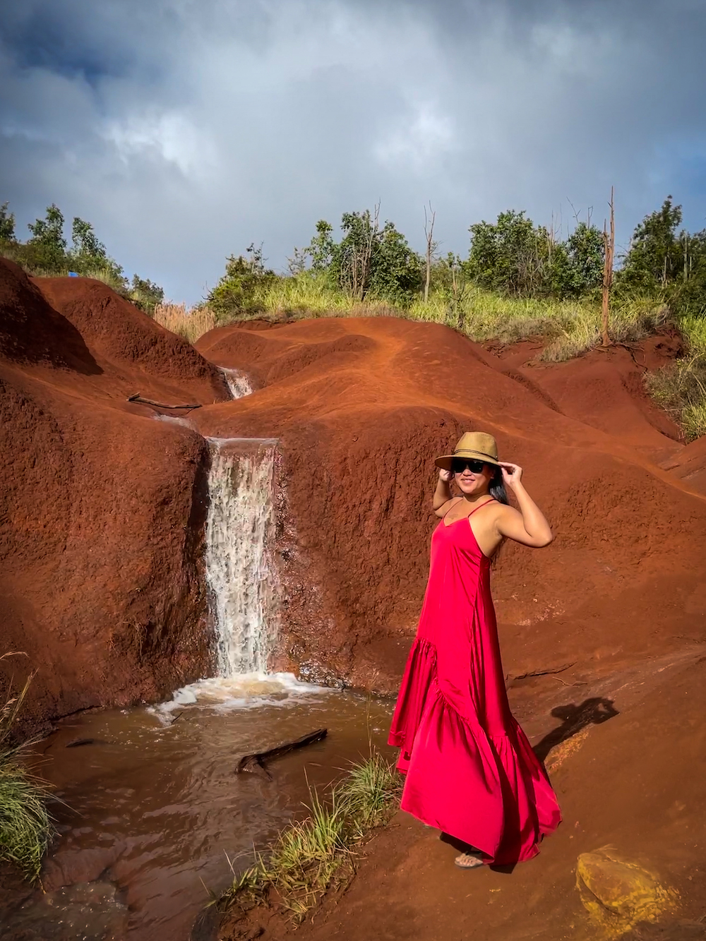 Red Dirt Waterfall Kauai Hawaii Perrin and Co Ella Red Dress Wallaroo