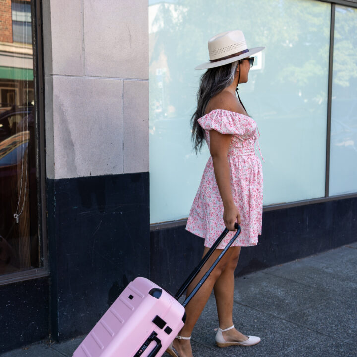 Solgaard Carry On Plus Suitcase Del Mar Rose PINK LAIT GIA Dress American Hat Makers Barcelona Hat Viscata Montroig Sandals